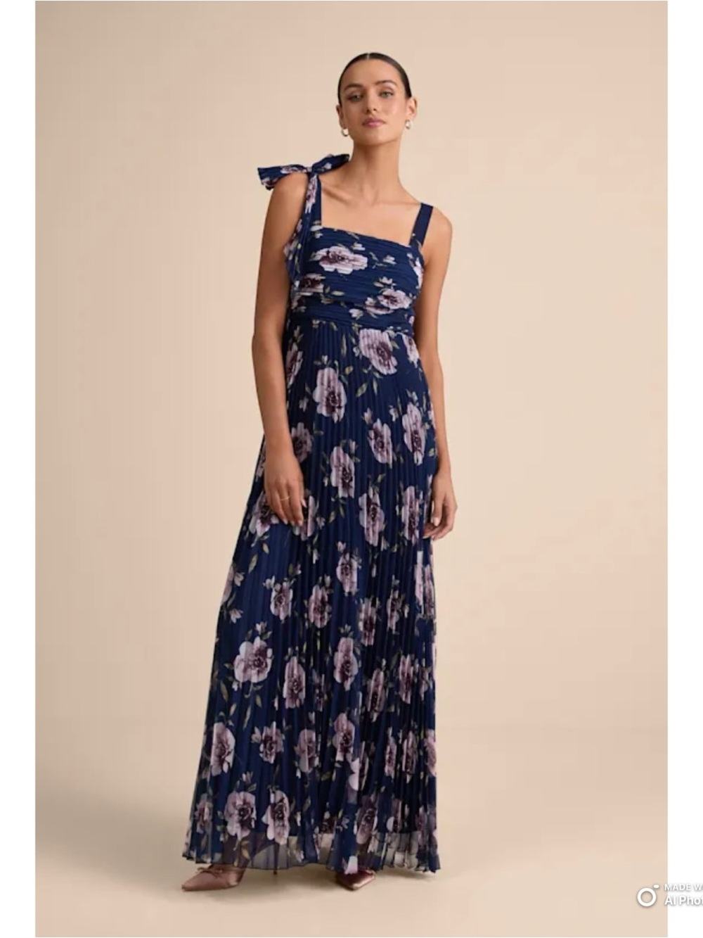 Lulus Small Gorgeous Purpose Navy Floral Pleated Sleeveless Bow Maxi Dress NWT